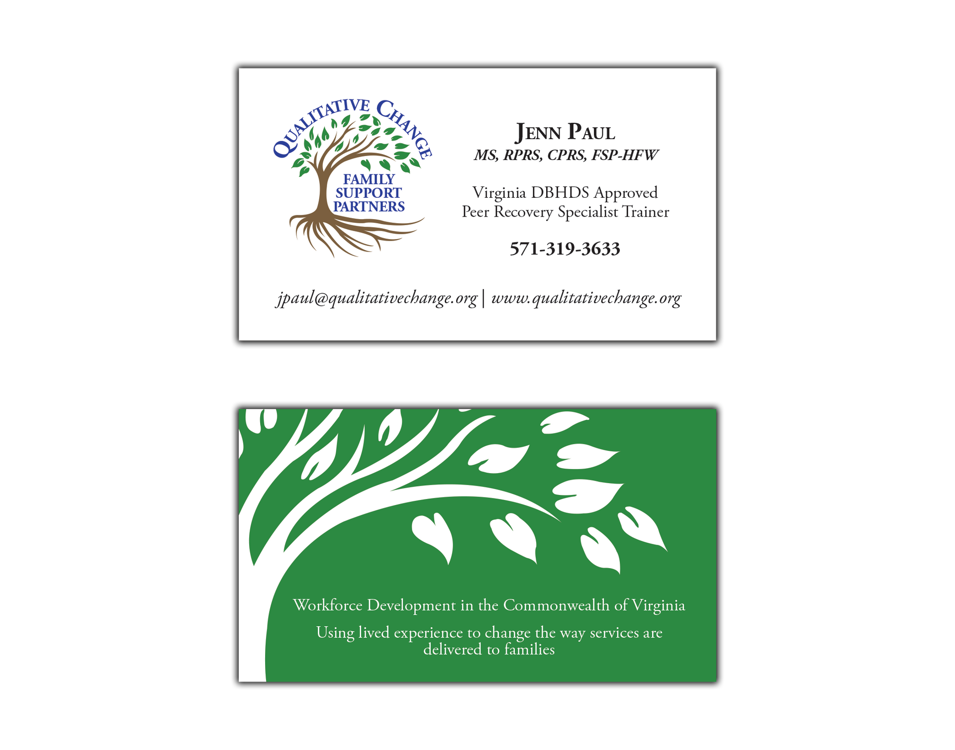 A business card with a tree and leaves on it