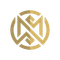 A gold letter m in a circle on a white background