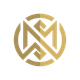 A gold letter m in a circle on a white background