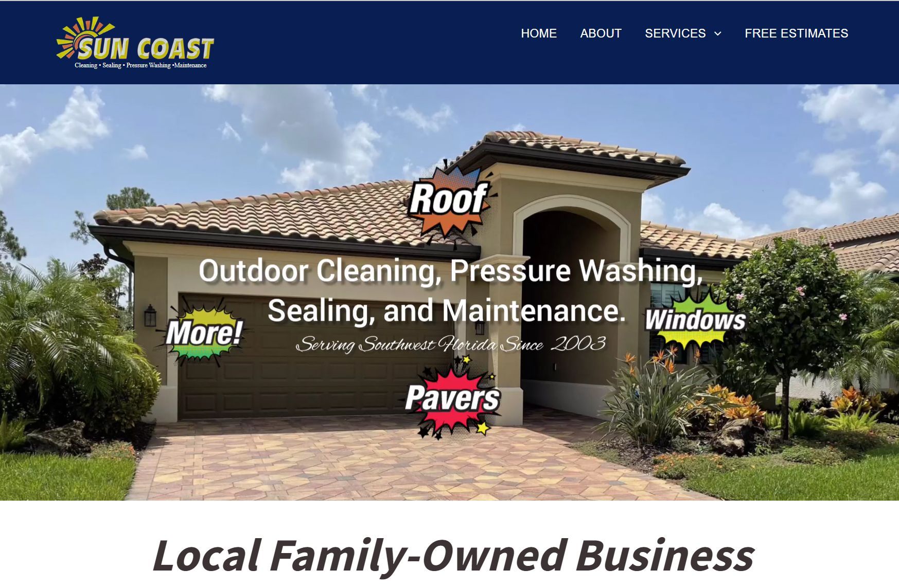 A website for a company called sun coast offers outdoor cleaning , pressure washing , sealing , and maintenance.