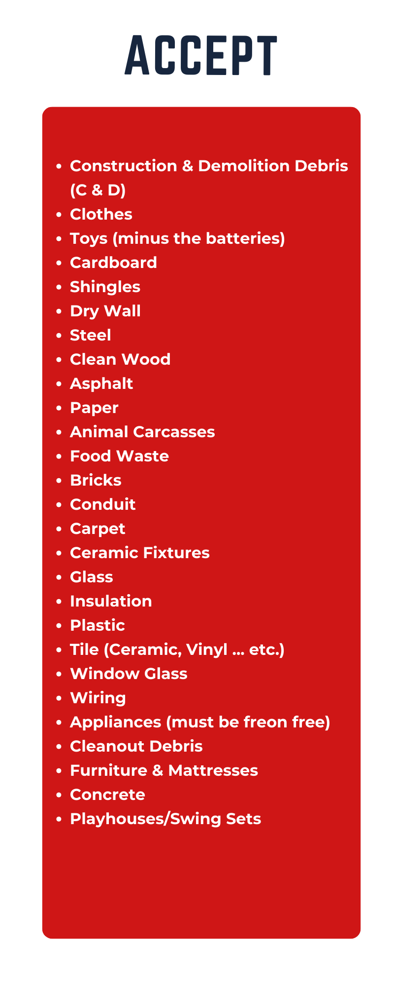 An infographic listing the accepted items Berks Transfer will take.