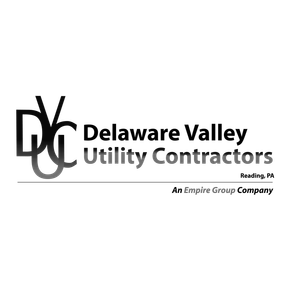 The logo for delaware valley utility contractors is black and white.