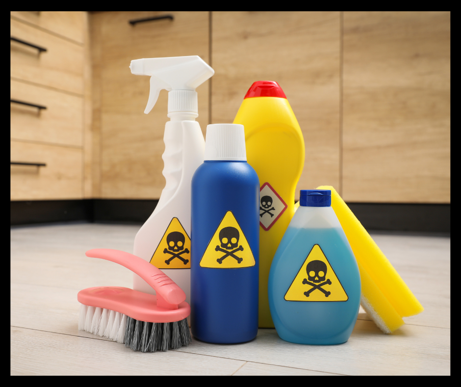 a collection of hazardous household products with skull and bones symbol. 