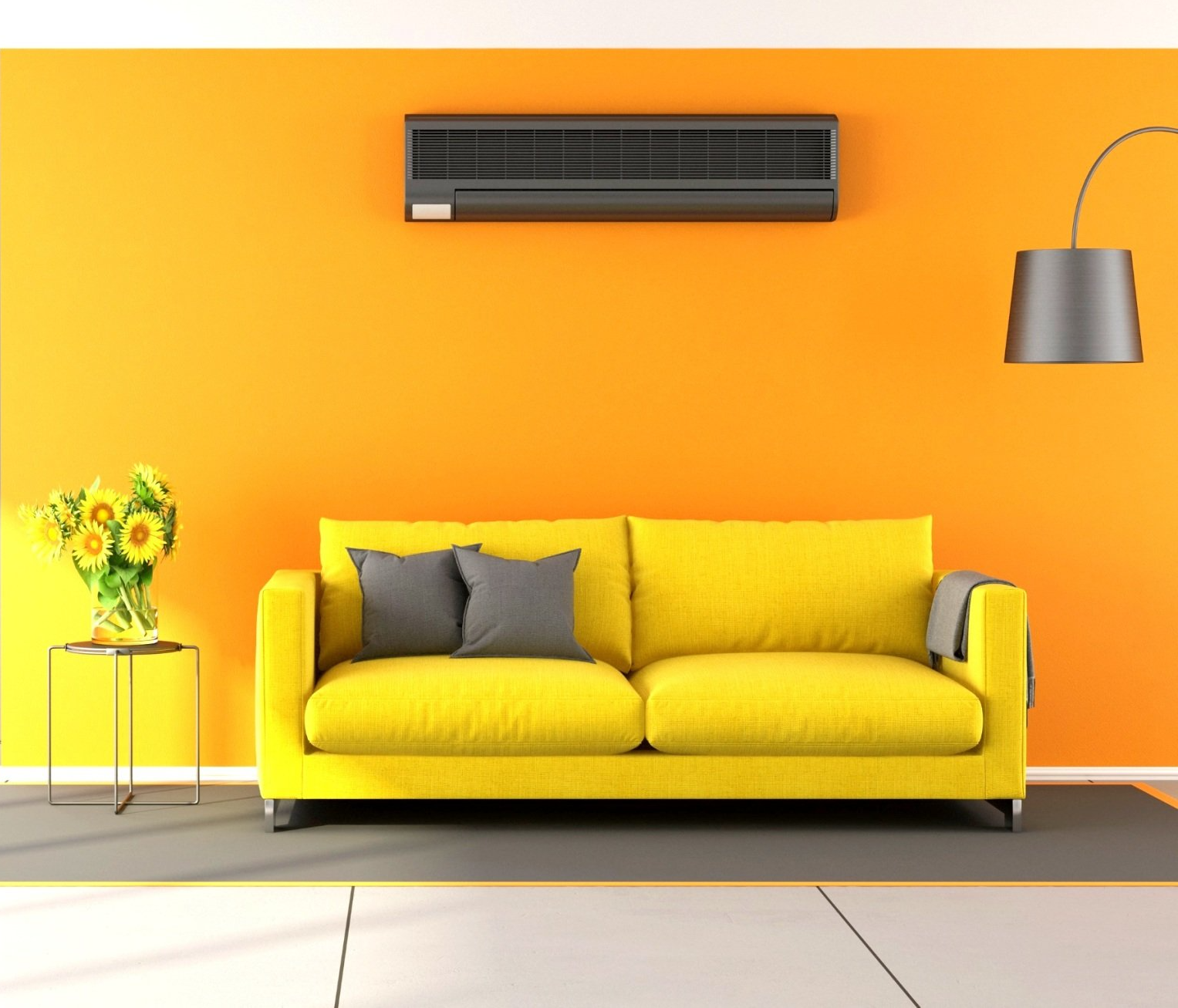 A picture of a yellow sofa with an air conditioner in a living room