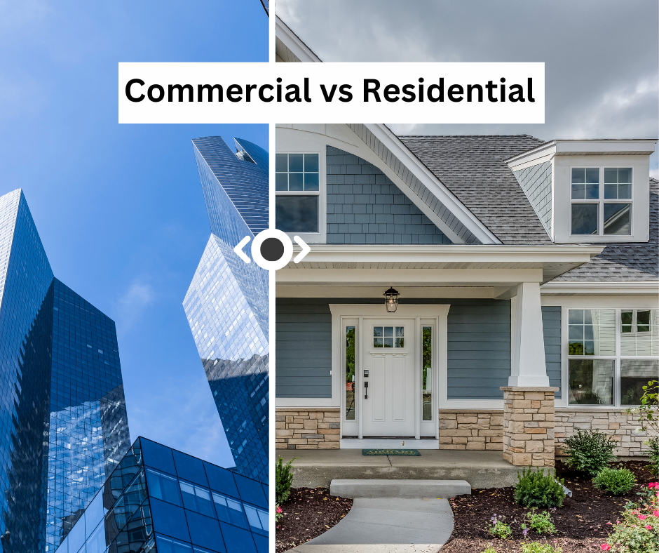 Picture of commercial buildings on the left and a residential home on the right.