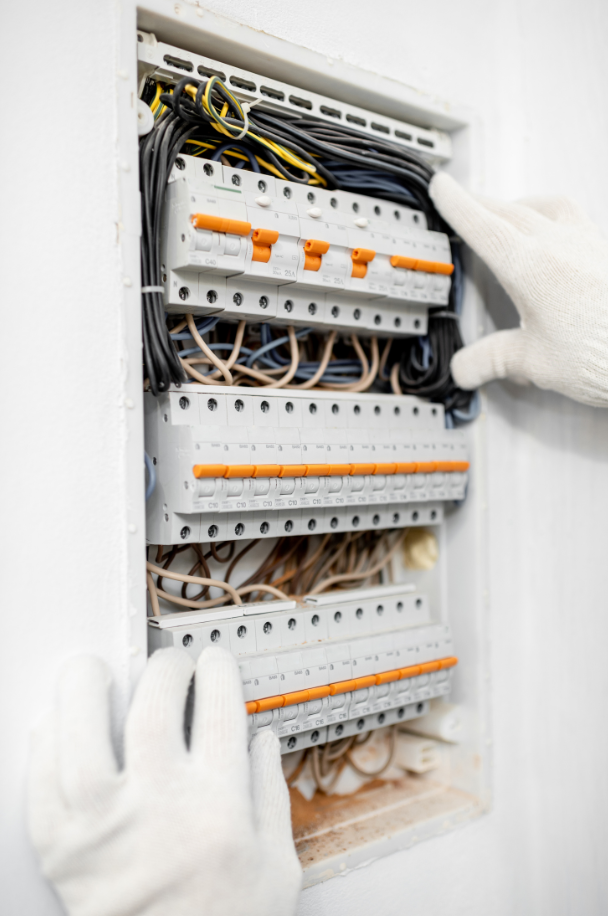 Contractor inspecting an electrical panel while wearing white gloves.