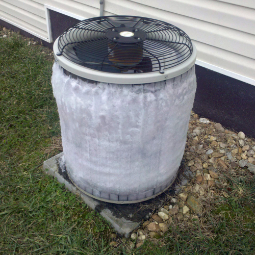 Picture of a HVAC unit that is outside and the outside is covered in ice.