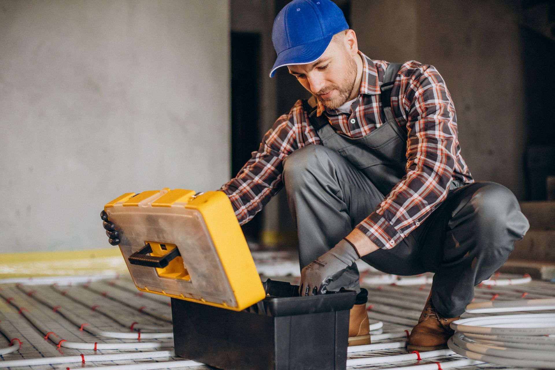 A man checking the heating system