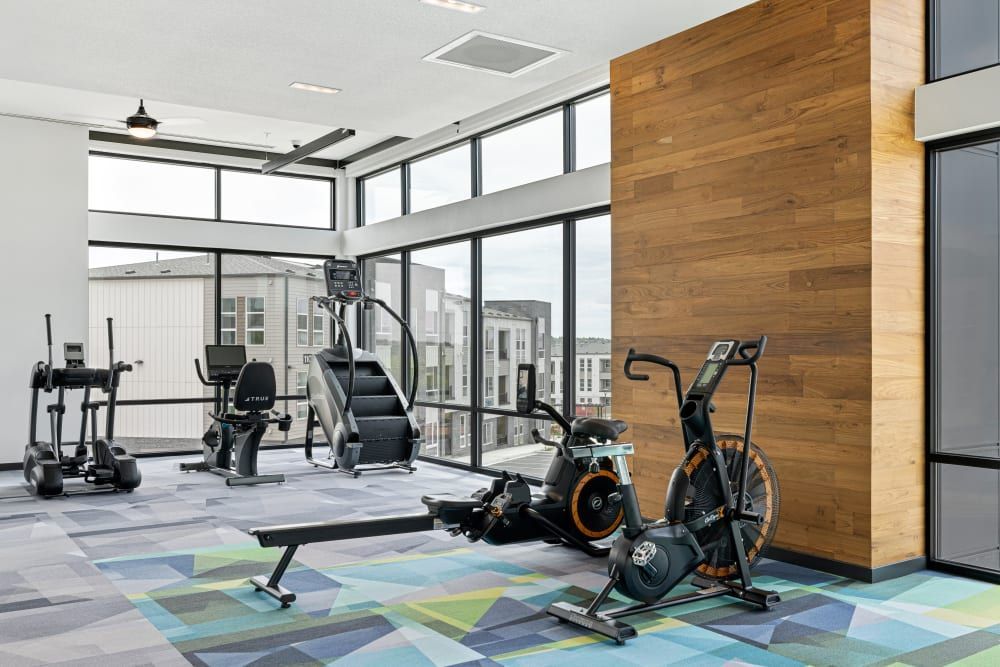 Modern gym interior with large windows, natural light, and a variety of exercise equipment including a weight bench, stationary bikes, and a stair climber machine, featuring wooden accent wall and patterned flooring at Marq Perimeter in Atlanta, GA.