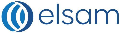 A blue and white logo for elsam on a white background.