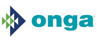 A blue and green logo for onga with an arrow pointing to the right.