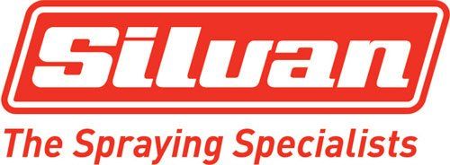 A red and white logo for silvan the spraying specialists