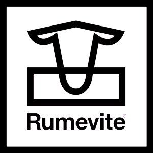 A black and white logo for rumevite feeds, supplements and concentrates