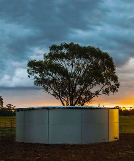 A water tank with a tree in the background at sunset