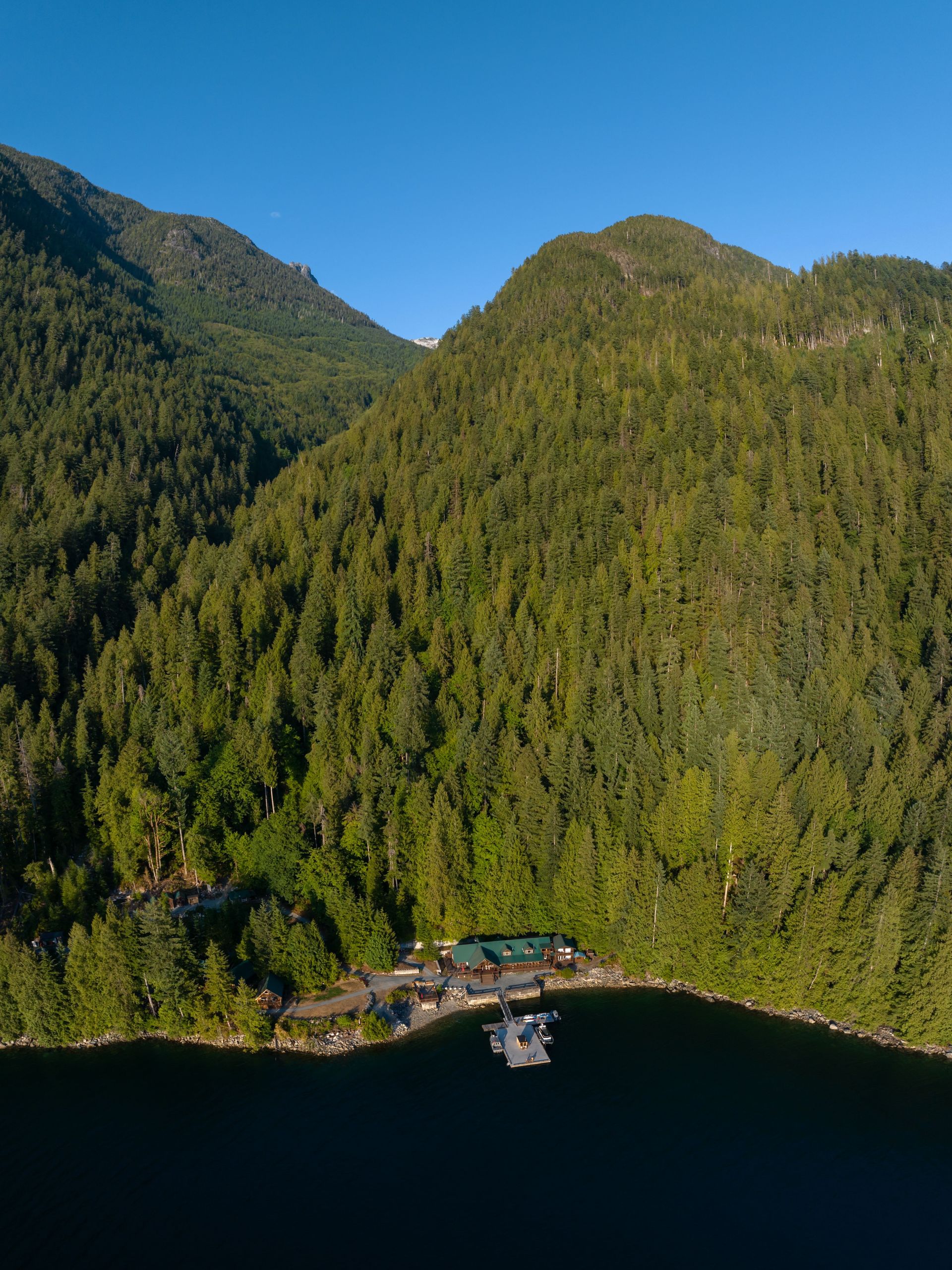 Luchtfoto van een kleine aanlegsteiger aan een meer, aan de rand van een bebost berggebied met diepblauw water.