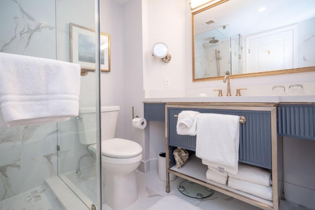 Moderne badkamer met glazen douchecabine, wit toilet, wastafelmeubel en blauwe accenten in de kastjes.