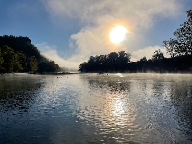Sun shining through fog over a river, with trees on the banks.