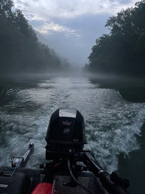 Boat travels down a misty river between tree-lined banks.