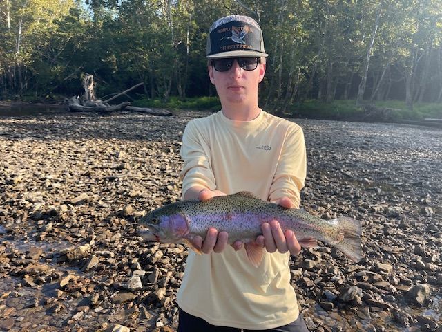 Person holding a rainbow trout; standing on a rocky shore with trees in the background.