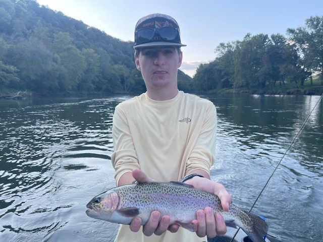 Young person holding a rainbow trout in a river; sunny day.