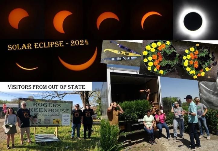 A collage showing phases of the 2024 solar eclipse, blooming flowers, and people gathered at Rogers Greenhouse.