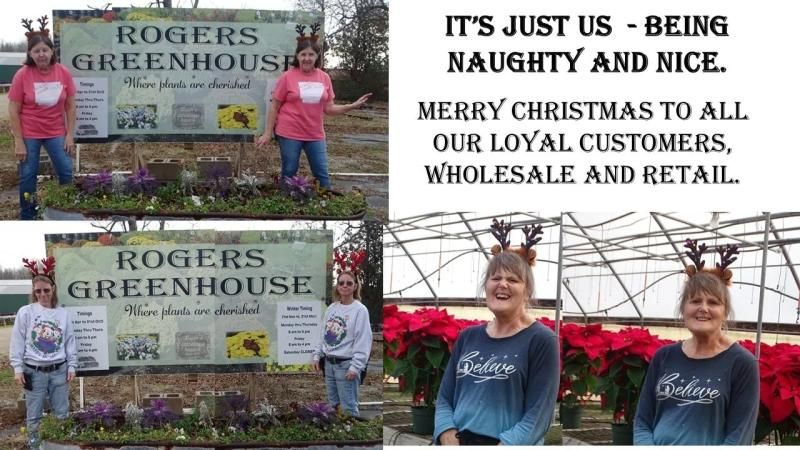 Two people wearing reindeer antlers at Rogers Greenhouse in different outfits, with holiday greetings and text.