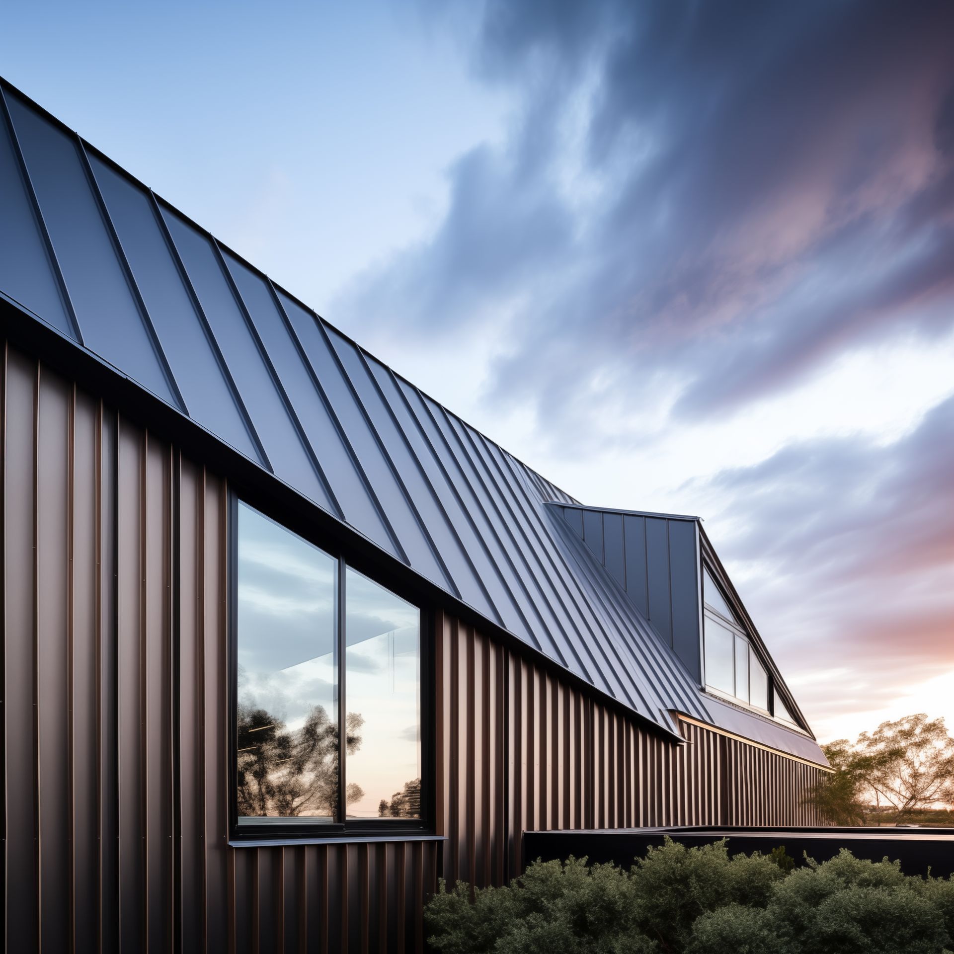 A house with a metal roof and a lot of windows