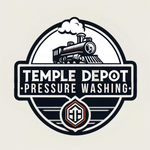 A logo for temple depot pressure washing with a train in a circle.