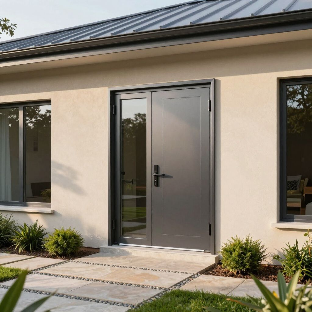 Gray double doors on a beige building with two windows. Paved walkway and greenery in front.