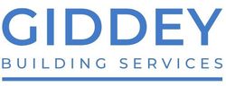 The logo for giddy building services is blue and white.