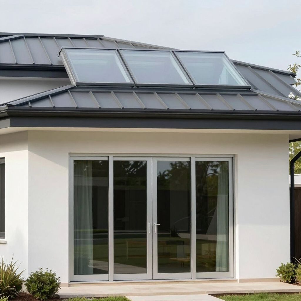 White house exterior with sliding glass doors, three skylights on dark gray metal roof.