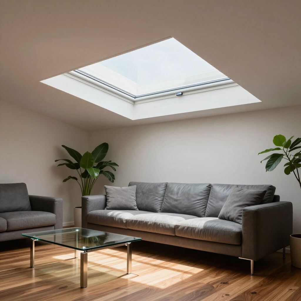 Living room with skylight, gray sofa, armchair, glass coffee table, and plants. Wooden floor with sunlight.