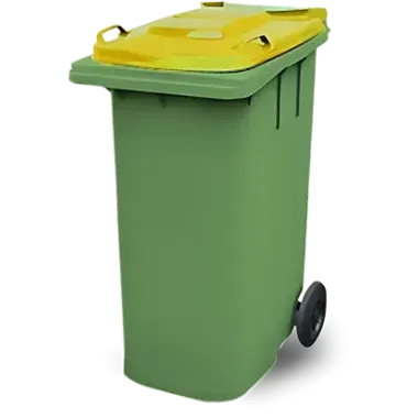 Green trash bin with yellow lid and a single black wheel.