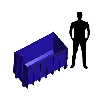 Blue dumpster next to a person silhouette.