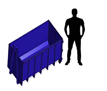 Blue dumpster beside a human silhouette.