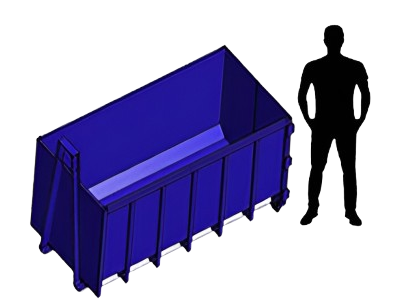 Blue dumpster beside a human silhouette.