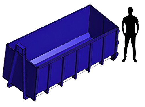 Blue dumpster with a person-shaped silhouette for scale.