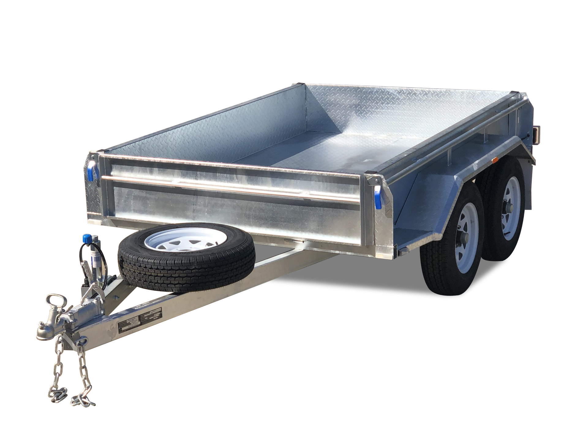 Silver utility trailer with two wheels and spare tire, hitch attached, on white background.