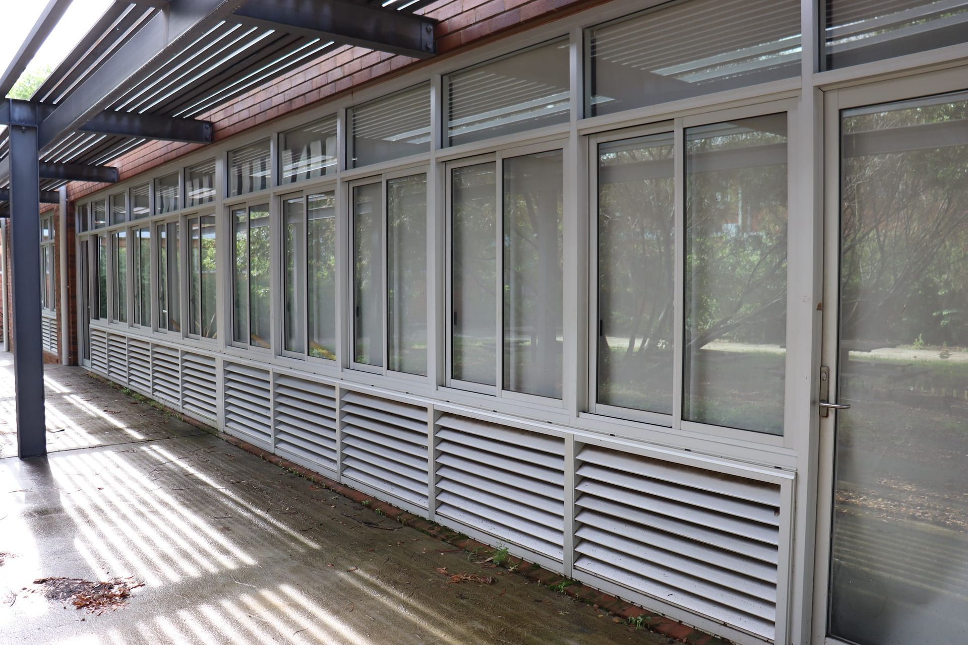 A building with a lot of windows and doors