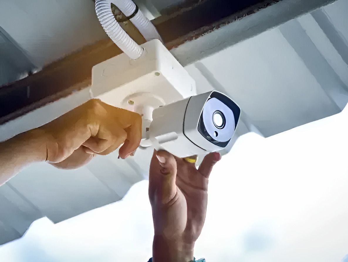 A Person Is Installing A Security Camera On The Roof Of A Building — Chris Hickling Electrical In Port Macquarie, NSW