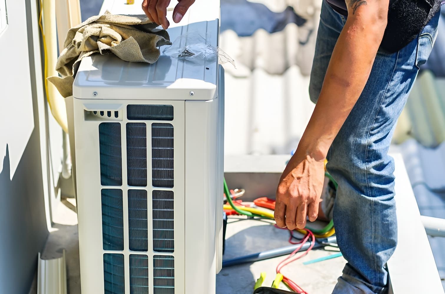 A Man Is Working On An Air Conditioner Outside Of A Building — Chris Hickling Electrical In Port Macquarie, NSW