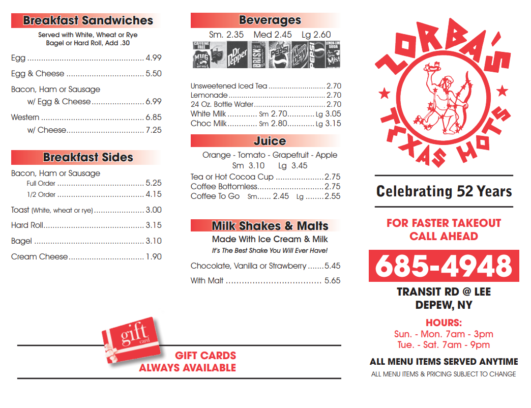 Menu from Zorba's Texas Hots restaurant. Lists breakfast sandwiches, sides, beverages, and milkshakes with prices.