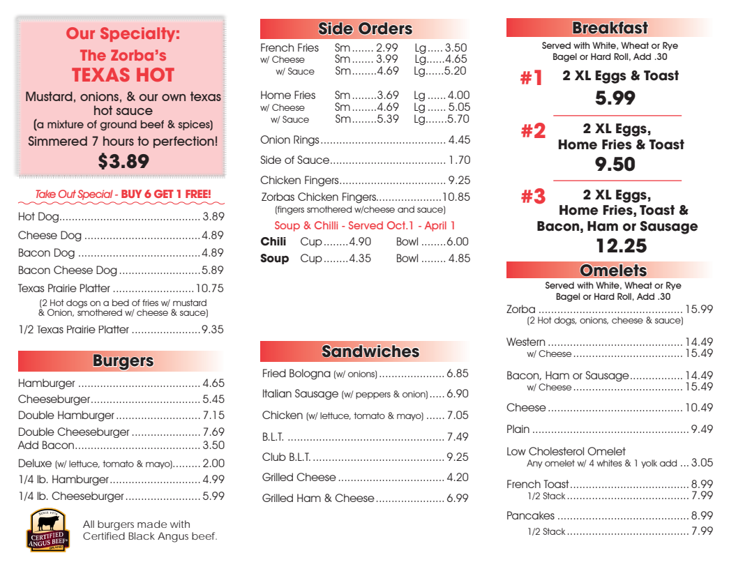 Menu for Zorba's restaurant with Texas hot special, burgers, sandwiches, breakfast, and side orders.