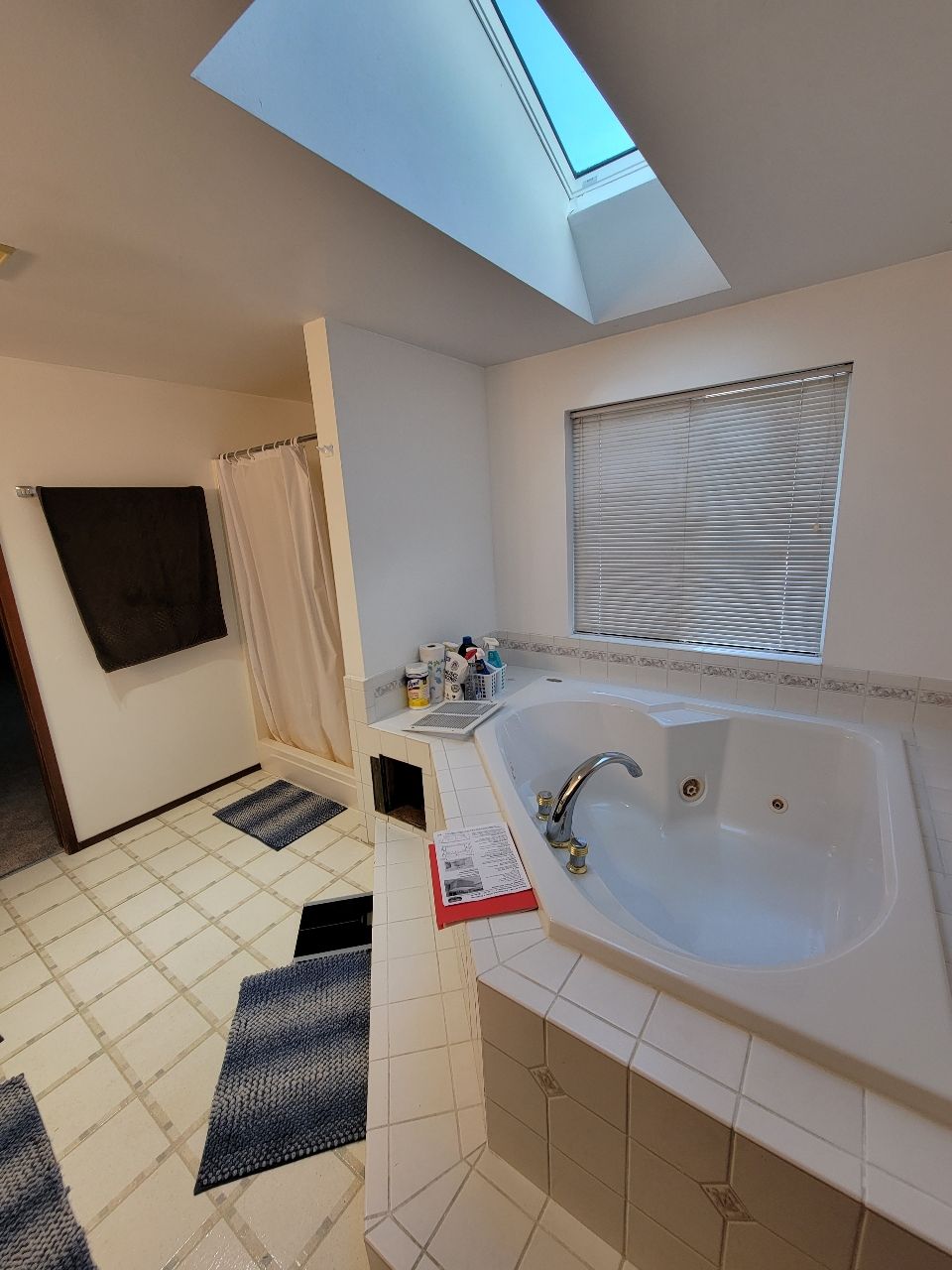 Bathroom with white tub, shower, and skylight. Blue and white striped rugs on tile floor.
