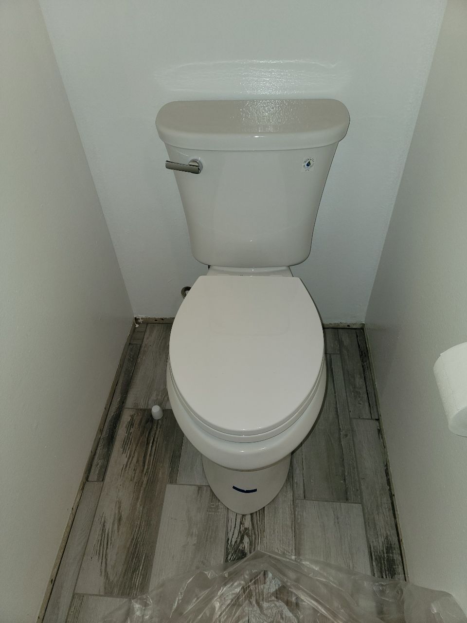 White toilet in a small bathroom nook with wood-look tile flooring and white walls.