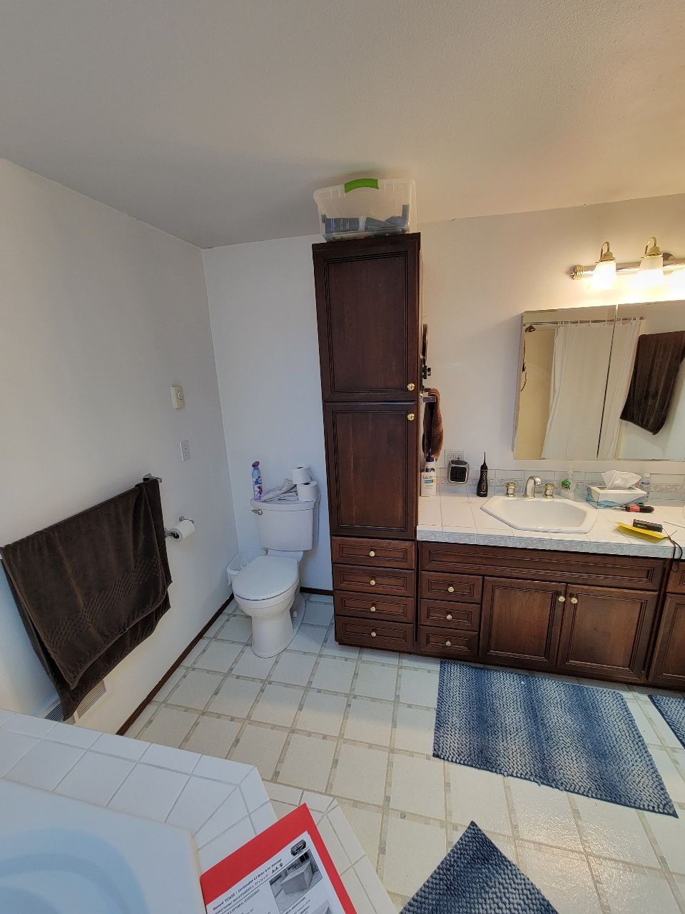 Bathroom with a white toilet, dark wooden cabinet, sink, and towel rack.