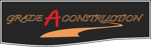 Logo for Grade A Construction: black background, text in gold and red with orange road graphic.