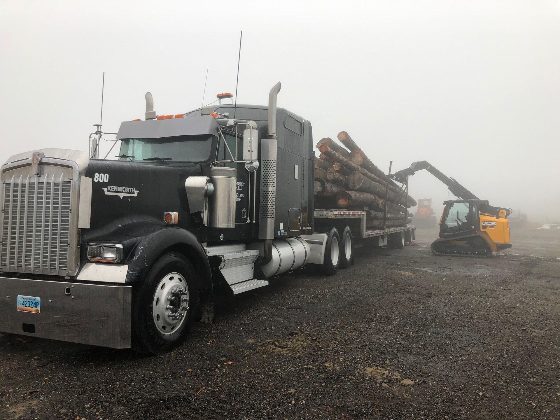 A semi truck is carrying logs in a foggy field.