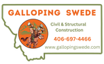 A logo for galloping swede llc with a viking on a horse