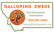 A logo for galloping swede llc with a viking on a horse